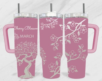 Cherry Blossom 40oz Tumbler SVG, Birth Month Flower 40oz Quencher Laser File, March Month Engraving Wrap, Flower 40oz Laser Engraved