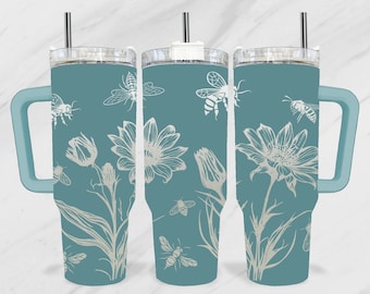Flowers with Bee 40oz Tumbler Laser SVG, Floral 40 oz Tumbler Laser, Bloom Engraving Wrap, Blossom 40oz Laser Engraved SVG