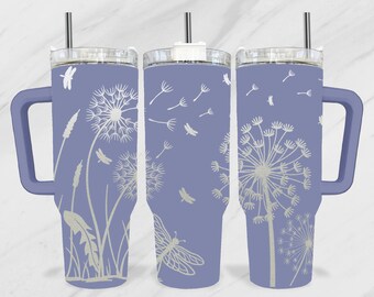 Dragonfly with Dandelion 40oz Tumbler, Floral 40oz Tumbler Laser, Engraving Wrap, 40oz Laser, Engraved SVG