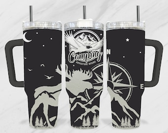 Adventure Begins 40oz Tumbler SVG, Alaska Moose Tumbler Laser Wrap, Mountain Tree Engraving Wrap, Camping 40oz Laser Tumbler SVG
