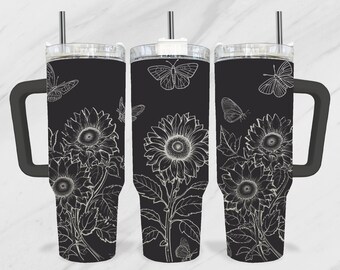 Mariposa con girasoles Vaso de 40 oz SVG, Láser de vaso floral de 40 oz, Envoltura de grabado de flores SVG, Vaso láser de 40 oz, Láser de mariposa de 40 oz