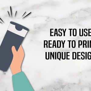 May include: A hand holding a dark gray tumbler with a white lid. The text "EASY TO USE READY TO PRINT UNIQUE DESIGN" is in black text on a white background.