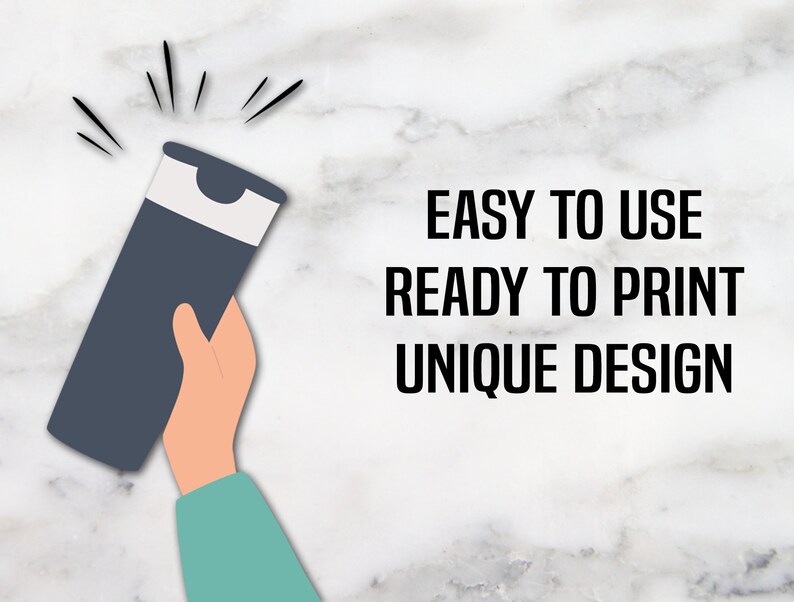 May include: A hand holding a dark gray tumbler with a white lid. The text "EASY TO USE READY TO PRINT UNIQUE DESIGN" is in black text on a white background.