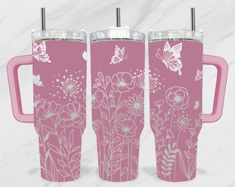 Butterfly with Wild Flowers 40oz Tumbler SVG, Floral 40 oz Tumbler Laser, Flower Engraving Wrap SVG, 40 oz Laser Tumbler,