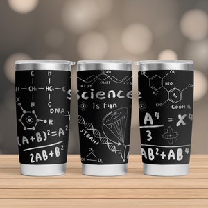 May include: Three black stainless steel tumblers with white science-themed graphics. The designs include chemical structures, mathematical formulas, and the phrase "Science is fun." The tumblers have silver rims and bases.