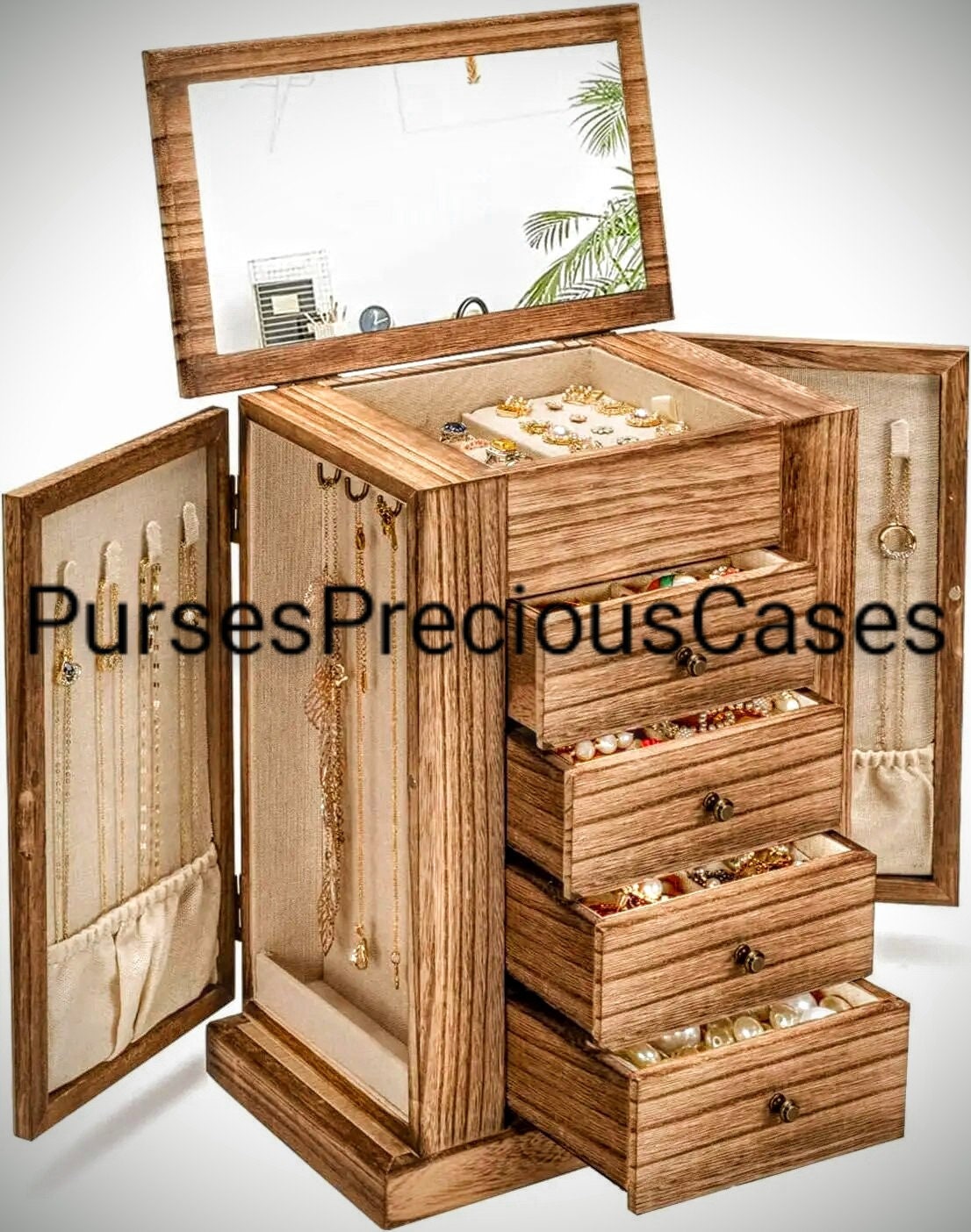 Jewelry Organizer,large Jewelry Box,7tier Wooden Jewelry Box With Lock