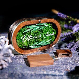 Wedding ring box for ceremony, Ring Bearer with Acrylic Lid & Wood Base and Moss, Personalized Wedding Ring Box, Wooden USB 3.0 Flash Drive image 3