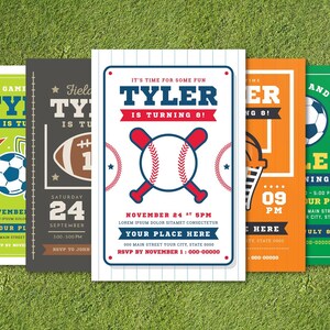 Personalisierte Sporteinladungskarten für Kindergeburtstag - Wählen Sie zwischen Baseball, Basketball, Fußball oder Football