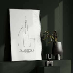 Minimalist Dubai Skyline Poster -Burj Khalifa, Burj al Arab and The Frame wall art with coordinates. Black and white city architecture print