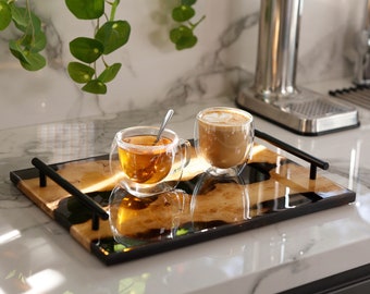 16x12&quot; Wood & Resin Rectangular Clear Back Decorative Tray for Coffee Table, River inspired Serving Tray Cheese Board Stylish Display Board