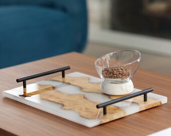 16x12&quot; Wood & Resin Rectangular White Decorative Tray for Coffee Table, River inspired Serving Tray Cheese Board Chic Fancy Display Board