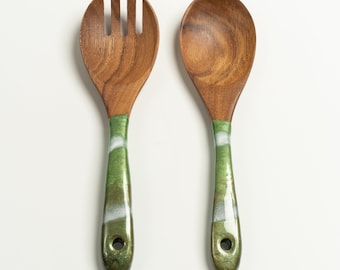 Wood & Resin Serving Spoons - A set of 2 - Wooden Green Hunter Serving Utensils, Wooden Salad Serves, Wedding Gift for Her, Kitchen Utensils