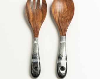 Wood & Resin Serving Spoons - A set of 2 - Wooden Silver Grey Serving Utensils, Wooden Salad Serves, Wedding Gift for Her, Kitchen Utensils