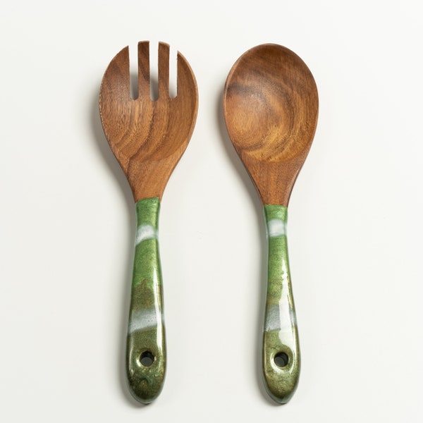 Wood & Resin Serving Spoons - A set of 2 - Wooden Green Hunter Serving Utensils, Wooden Salad Serves, Wedding Gift for Her, Kitchen Utensils