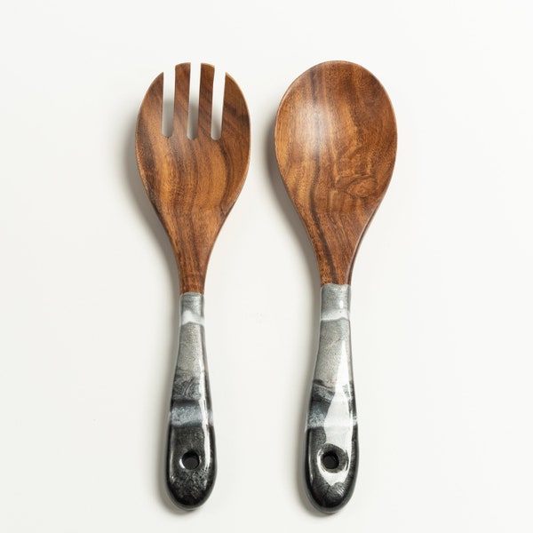 Wood & Resin Serving Spoons - A set of 2 - Wooden Silver Grey Serving Utensils, Wooden Salad Serves, Wedding Gift for Her, Kitchen Utensils