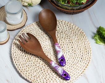 Wood & Resin Serving Spoons - A set of 2 - Wooden Hot Pink Purple Serving Utensils, Wedding Gift for Her, Salad Serves, Kitchen Utensils