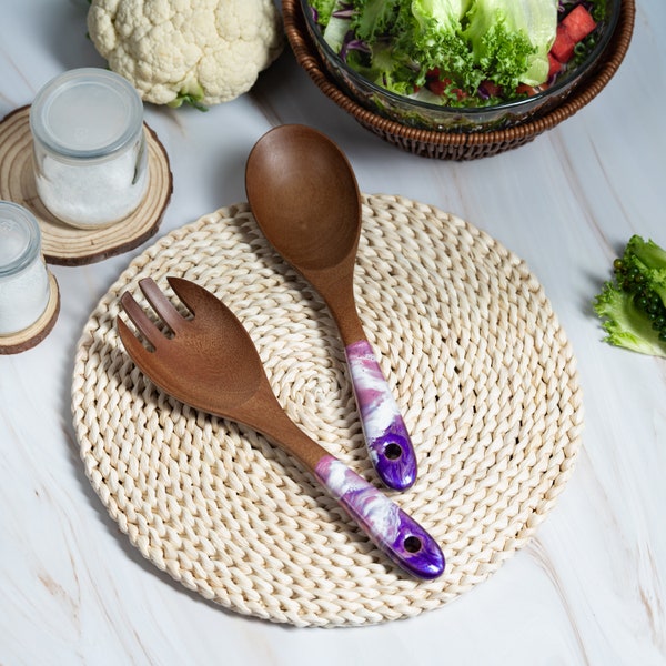 Wood & Resin Serving Spoons - A set of 2 - Wooden Hot Pink Purple Serving Utensils, Wedding Gift for Her, Salad Serves, Kitchen Utensils