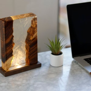 Rectangular 9x6&quot; Wood & Resin Table Lamp - Multi-color LED or Dimmable Soft Light Desk Lamp, Modern Smoke Effect Lamp for End Tables