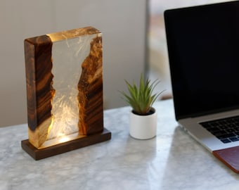 Rectangular 9x6" Wood & Resin Table Lamp - Multi-color LED or Dimmable Soft Light Desk Lamp, Modern Smoke Effect Lamp for End Tables