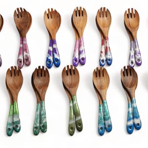 Wood & Epoxy Resin Salad Serving Set - Colorful Wooden Folk and Spoon Salad Servers, Kitchen Utensils, Mother's Day gift for Daughter