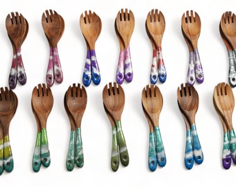 Wood & Epoxy Resin Salad Serving Set - Colorful Wooden Folk and Spoon Salad Servers, Kitchen Utensils, Mother's Day gift for Daughter