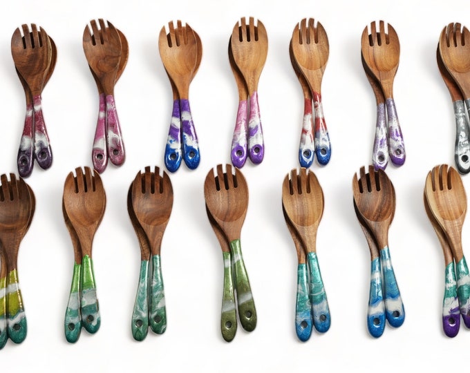 Wood & Epoxy Resin Salad Serving Set - Colorful Kitchen Utensils  Fork and Spoon Servers