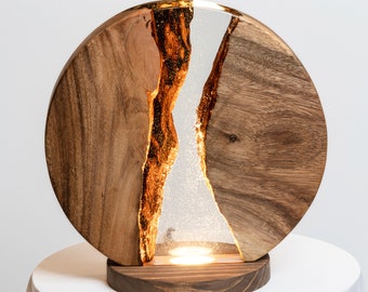 9 3/4" Round Wood & Resin Table Lamp - Dimmable LED Clear Low Light Bedside Lamp, Small Lamp for Night Stand, Desk, Office