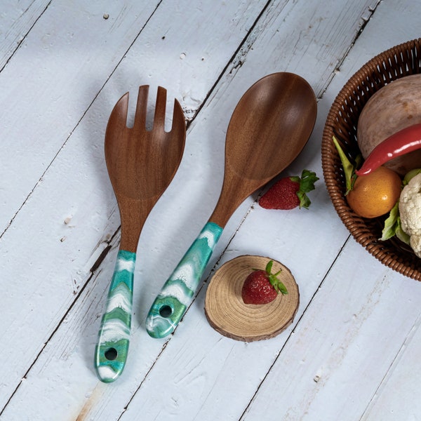 Wood & Resin Serving Spoons - A set of 2 - Wooden Teal Green Serving Utensils, Wedding Gift for her, Wooden Salad Serves, Kitchen Utensils