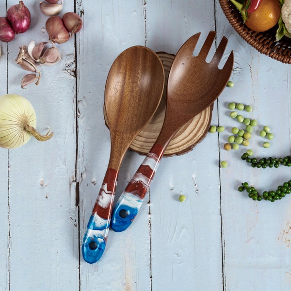 Wood & Resin Serving Spoons - A set of 2 - Wooden Red Blue Serving Utensils, Wedding Gift for her, Wooden Salad Serves, Kitchen Utensils