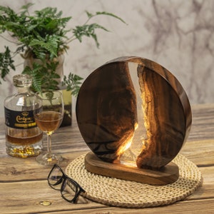 9 3/4&quot; Round Wood & Resin Table Lamp - Dimmable LED Clear Low Light Bedside Lamp, Small Lamp for Night Stand, Desk, Office
