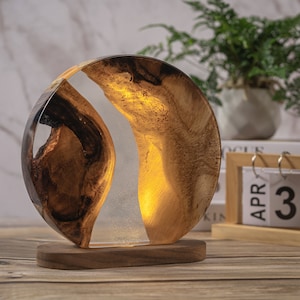 9 3/4&quot; Wood & Resin Table Lamp for Office with Micro Bubble Effect - Dimmable LED Nightstand Wooden Lamp, Housewarming Gift for him