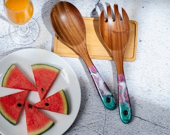 Wood & Resin Serving Spoons - A set of 2 - Wooden Teal Pink Serving Utensils, Wedding Gift for her, Wooden Salad Serves, Kitchen Utensils