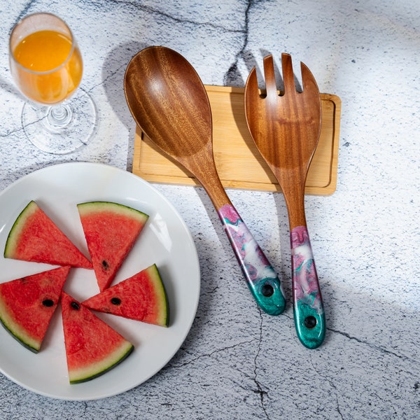 Wood & Resin Serving Spoons - A set of 2 - Wooden Teal Pink Serving Utensils, Wedding Gift for her, Wooden Salad Serves, Kitchen Utensils