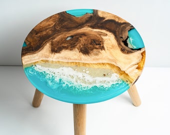 Personalized 16" Ocean -3D Round wood & epoxy end table - Mid Century end table, Small Side Table, Last-Minute Gift - SHIP FAST