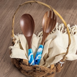 Wood & Resin Serving Spoons - A set of 2 - Wooden Light Blue Serving Utensils, Wedding Gift for her, Wooden Salad Serves, Kitchen Utensils