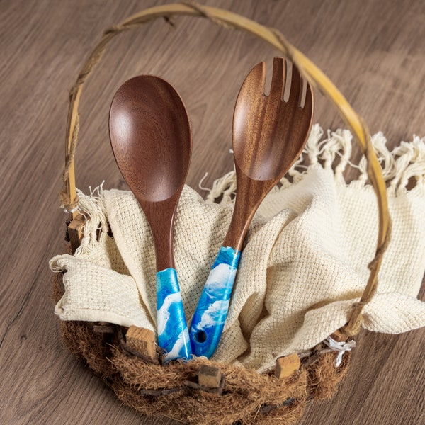 Wood & Resin Serving Spoons - A set of 2 - Wooden Light Blue Serving Utensils, Wedding Gift for her, Wooden Salad Serves, Kitchen Utensils