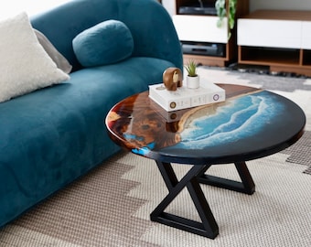 31.5&quot; Small Wood & Epoxy Resin Coffee Table with Metal Legs - Mid Century Modern Round Blue Black Table Ocean Wave Effect for Living Room