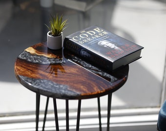 Custom 16" Wood & Epoxy Resin End table - Modern Mid Century Wooden Small Side Table for Bed Room, Living Room