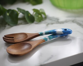 Wood & Resin Serving Spoons - A set of 2 - Wooden Teal Blue Serving Utensils, Wedding Gift for her, Wooden Salad Serves, Kitchen Utensils