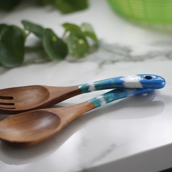 Wood & Resin Serving Spoons - A set of 2 - Wooden Teal Blue Serving Utensils, Wedding Gift for her, Wooden Salad Serves, Kitchen Utensils