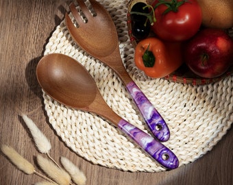 Wood & Resin Serving Spoons - A set of 2 - Wooden Purple Pink Serving Utensils, Wedding Gift for her, Wooden Salad Serves, Kitchen Utensils