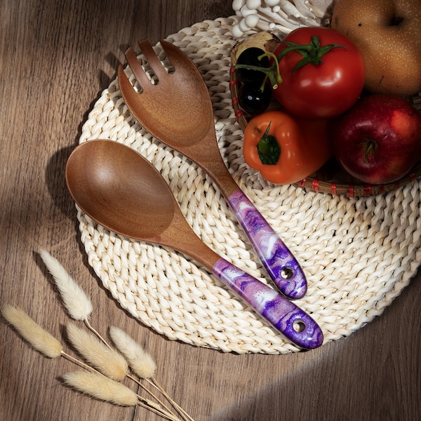 Wood & Resin Serving Spoons - A set of 2 - Wooden Purple Pink Serving Utensils, Wedding Gift for her, Wooden Salad Serves, Kitchen Utensils