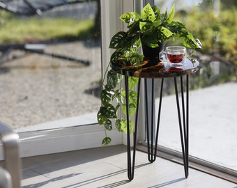 Epoxy Resin End Table: Clear Dark Blue Mid-Century Modern Wood Side Table