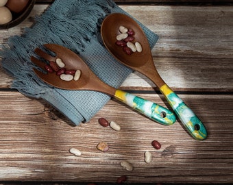Wood & Resin Serving Spoons Set: Handmade Kitchen Utensils