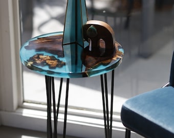 Epoxy Resin End Table Clear Light Blue Mid-Century Modern Wood Side Table