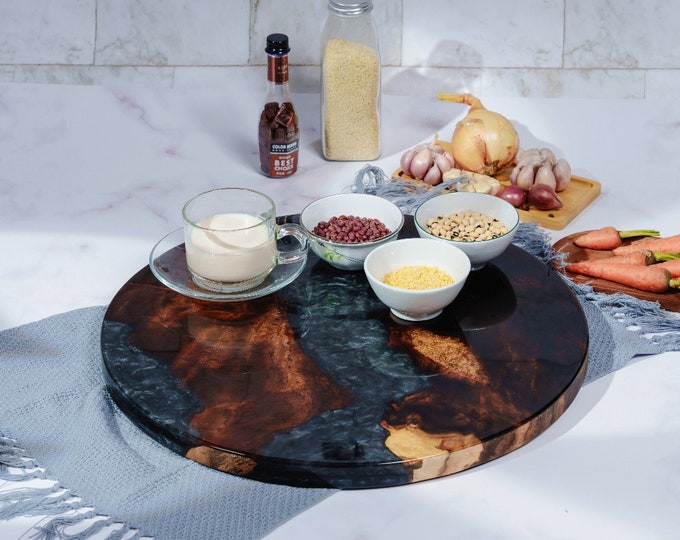 Shimmer Gray Wood and Epoxy Resin Lazy Susan  Large Kitchen Turntable (16 inch)
