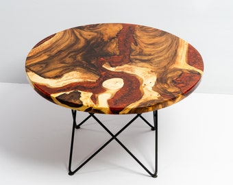 31" Round Red River Coffee Table, Mid Century Modern Wood and Epoxy Resin Table for Living Room, Unique Small Round Coffee Table