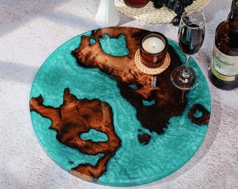 Turquoise Epoxy Resin Lazy Susan: Wood Turntable Organizer (16 inch)