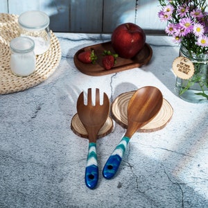 Wood & Resin Serving Spoons - A set of 2 - Wooden Turquoise Dark Blue Serving Utensils, Gift for Her, Wooden Salad Serves, Kitchen Utensils