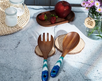 Wood & Resin Serving Spoons - A set of 2 - Wooden Turquoise Dark Blue Serving Utensils, Gift for Her, Wooden Salad Serves, Kitchen Utensils